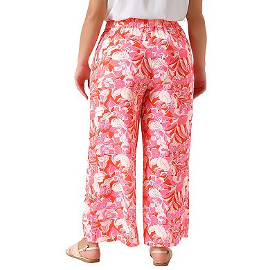 Plus Size Palazzo Pants For Women Floral Print High Waist Trousers Wide Leg Pants With Pocket