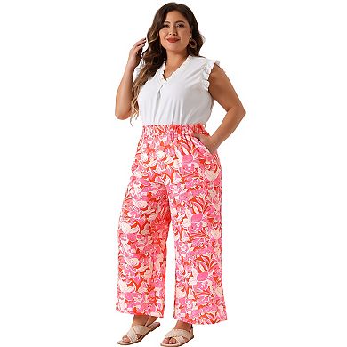 Plus Size Palazzo Pants For Women Floral Print High Waist Trousers Wide Leg Pants With Pocket