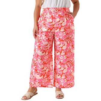 Plus Size Palazzo Pants For Women Floral Print High Waist Trousers Wide Leg Pants With Pocket
