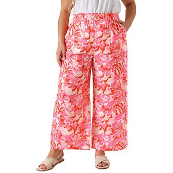 Plus Size Palazzo Pants For Women Floral Print High Waist Trousers Wide Leg Pants With Pocket