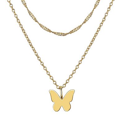 Aqua Moda Waterproof Gold Tone Butterfly Double Strand Pendant Necklace