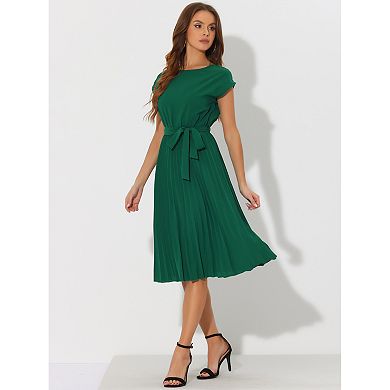 Women's Pleated Dress Crew Neck Sleeveless Tie Waist A-Line Dresses