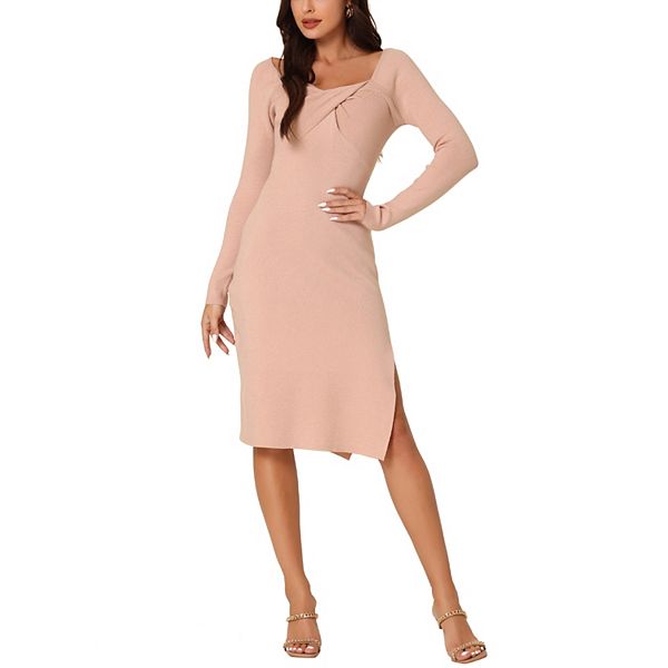 Women's Cowl Neck Midi Sweater Dress – Waisted Side Slit Knit Gown