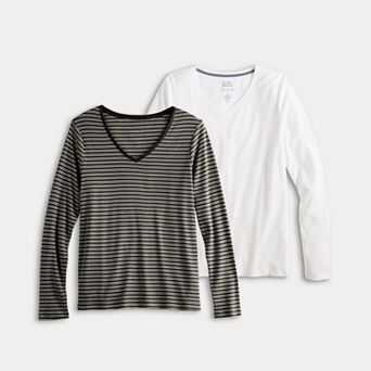 Women's Croft & Barrow® Long Sleeve 2-Pack V-Neck Tees