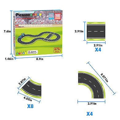 PicassoTiles 16 Piece Racetrack, STEM Toy Magnetic Tile, Building Block for Kid Age 3 & Up, PTE16