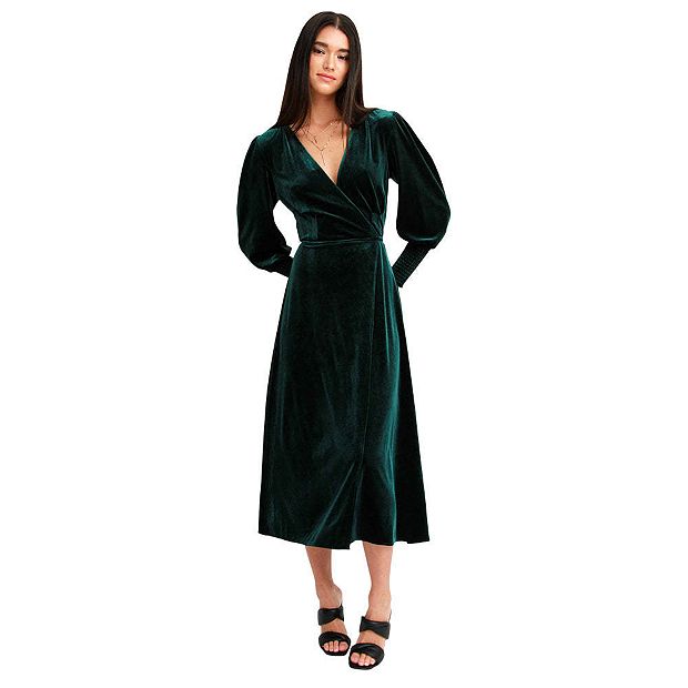 green wrap velvet dress Yumi Green Velvet Wrap Midi Dress With Contrast Hemline – Envy Boutique main image 0