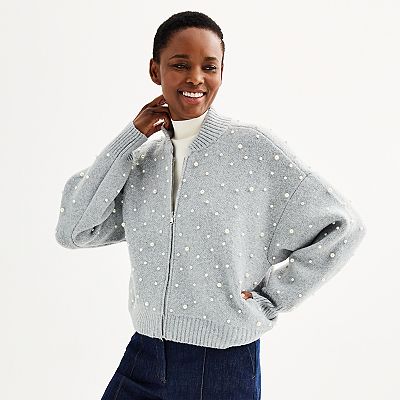 Women s Nine West Zip Front Pearl Knit Bomber Sweater