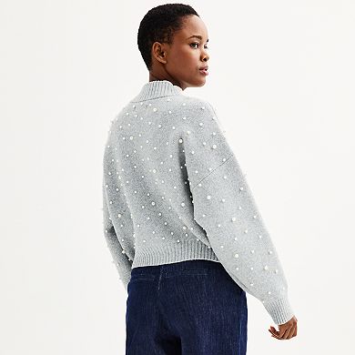 Women's Nine West Zip-Front Pearl Knit Bomber Sweater