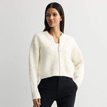 Women's Nine West Zip-Front Pearl Knit Bomber Sweater