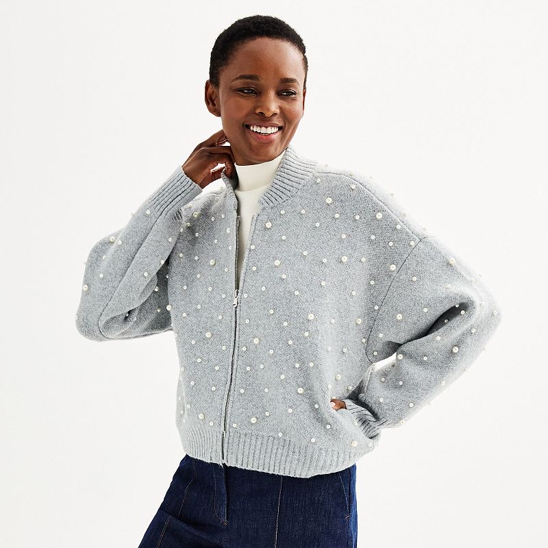 Women's Nine West Zip-Front Pearl Knit Bomber Sweater