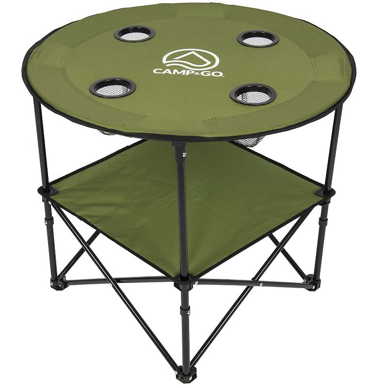Camp N Go Round Lightweight Fabric Portable Folding Beach Table with Cupholders, Green