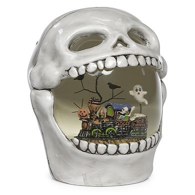 Roman LED Skull With Train Scene And Glitter Swirl Table Decor