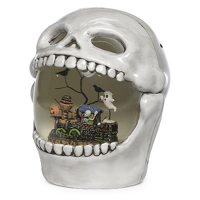 Roman LED Skull With Train Scene And Glitter Swirl Table Decor