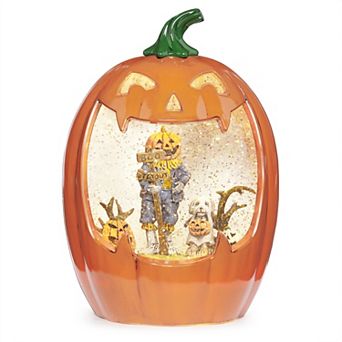 Roman Light-Up Scarecrow & Puppy Scene Halloween Jack-O-Lantern Glitter Globe Table Decor
