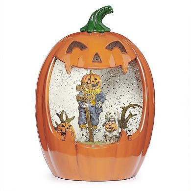 Roman Light-Up Scarecrow & Puppy Scene Halloween Jack-O-Lantern Glitter Globe Table Decor