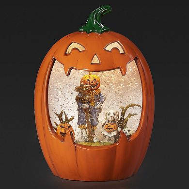 Roman Light-Up Scarecrow & Puppy Scene Halloween Jack-O-Lantern Glitter Globe Table Decor