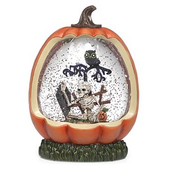 Roman Light-Up Skeleton & Owl Scene Pumpkin Glitter Swirl Halloween Snow Globe