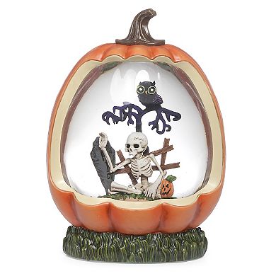 Roman Light-Up Skeleton & Owl Scene Pumpkin Glitter Swirl Halloween Snow Globe