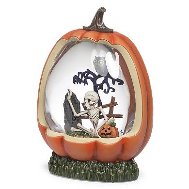 Roman Light-Up Skeleton & Owl Scene Pumpkin Glitter Swirl Halloween Snow Globe