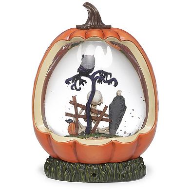 Roman Light-Up Skeleton & Owl Scene Pumpkin Glitter Swirl Halloween Snow Globe