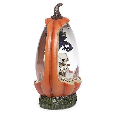 Roman Light-Up Skeleton & Owl Scene Pumpkin Glitter Swirl Halloween Snow Globe
