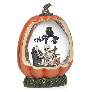 Roman Light-Up Skeleton & Owl Scene Pumpkin Glitter Swirl Halloween Snow Globe