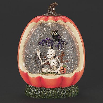 Roman Light-Up Skeleton & Owl Scene Pumpkin Glitter Swirl Halloween Snow Globe
