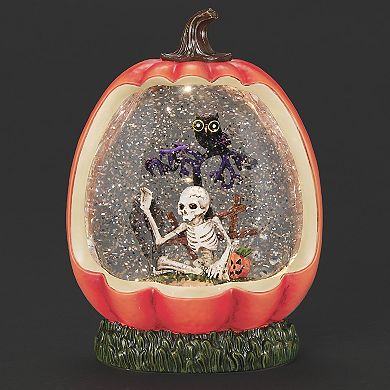 Roman Light-Up Skeleton & Owl Scene Pumpkin Glitter Swirl Halloween Snow Globe