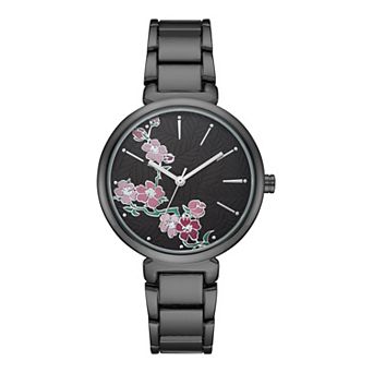 Nine West Women's Pink Flower Dial Gun Metal Bracelet Watch