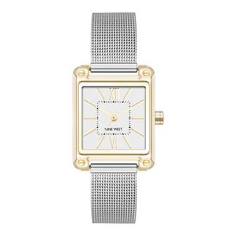 Nine West Women's Silver Tone Mesh Band & Gold Tone Square Case Watch