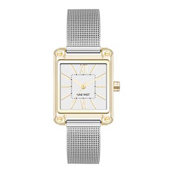 Nine West Women's Silver Tone Mesh Band & Gold Tone Square Case Watch
