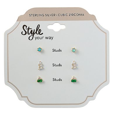 Style Your Way 18k Gold Over Sterling Silver Cubic Zirconia & Simulated Opal Stud Earrings Trio Set