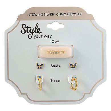 Style Your Way 18k Gold Over Sterling Silver Cubic Zirconia & Spinel Ear Cuff, Stud Earrings, & Huggie Earrings Set
