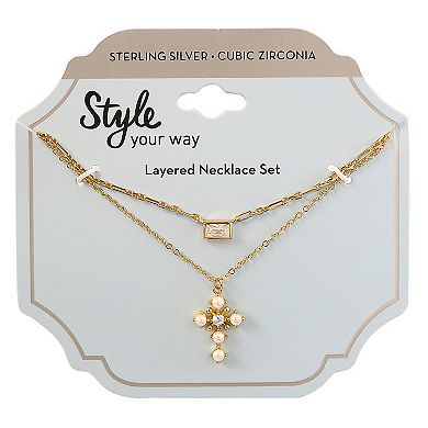 Style Your Way 18k Gold Over Silver Cubic Zirconia & Freshwater Cultured Pearl Cross & Bar Necklaces Set