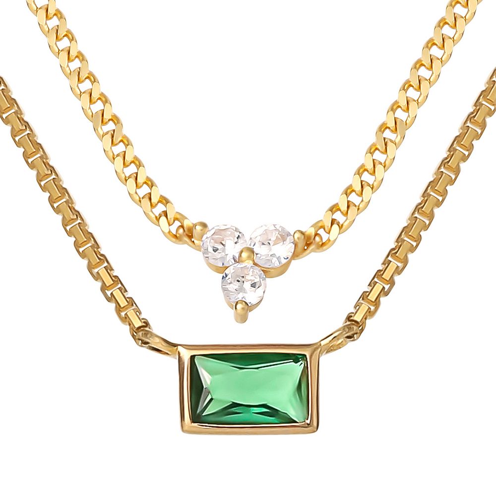 Layered Necklace with Gold-Colored Zirconia Pendant