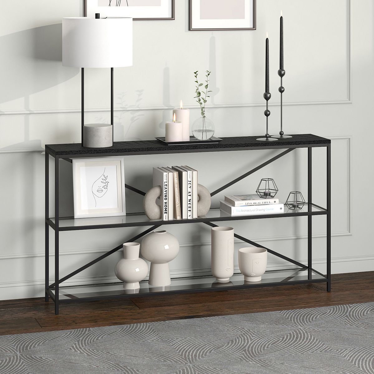 Console table with wood-look top and open metal X-frame shelves