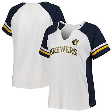 Women's White/Navy Milwaukee Brewers Plus Size Notch Neck T-Shirt