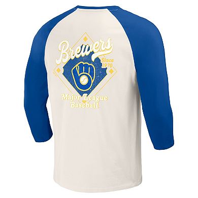 Men's Darius Rucker Collection by Fanatics Royal/White Milwaukee Brewers Cooperstown Collection Raglan 3/4-Sleeve T-Shirt