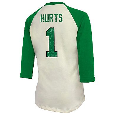 Women's Majestic Threads Jalen Hurts Cream/Kelly Green Philadelphia Eagles Alternate Player Name & Number Raglan 3/4-Sleeve T-Shirt