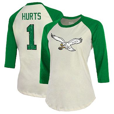 Women's Majestic Threads Jalen Hurts Cream/Kelly Green Philadelphia Eagles Alternate Player Name & Number Raglan 3/4-Sleeve T-Shirt