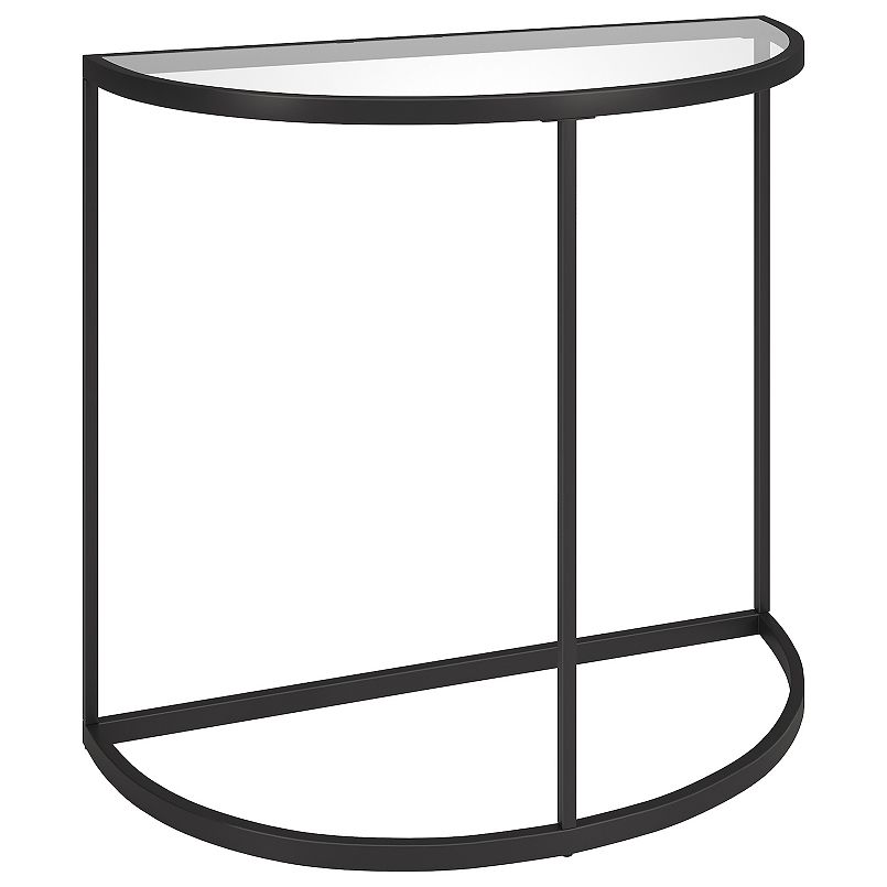 Semi-circular black metal console table frame with glass top