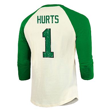 Men's Majestic Threads Jalen Hurts Cream/Kelly Green Philadelphia Eagles Alternate Player Name & Number Raglan 3/4-Sleeve T-Shirt