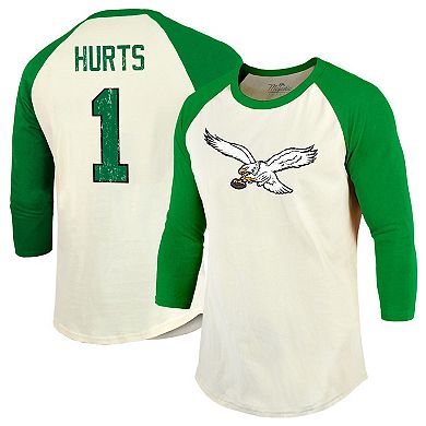 Men's Majestic Threads Jalen Hurts Cream/Kelly Green Philadelphia Eagles Alternate Player Name & Number Raglan 3/4-Sleeve T-Shirt