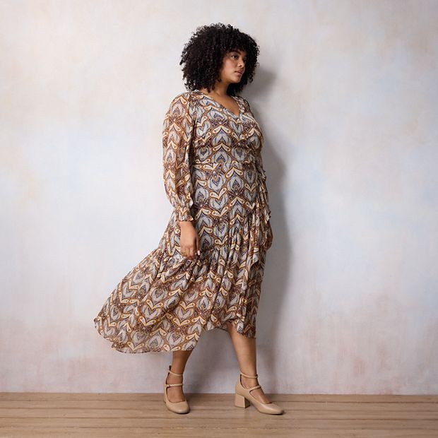 ワンピース COTTON LINEN FOIL PRINT RIB COMBI DRESS Plus Size LC Lauren Conrad Wrap Maxi Dress