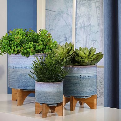 9" Pale Blue and Brown Ceramic Planter on Stand