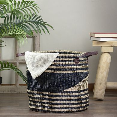 15" Beige and Black Woven Seagrass Basket with Handles