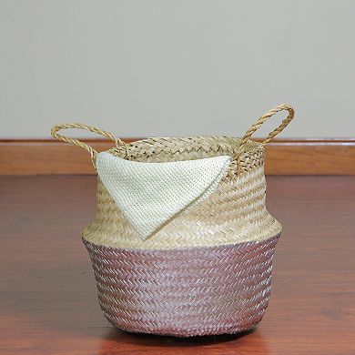 13" Beige and Silver Seagrass Belly Wicker Basket with Handles