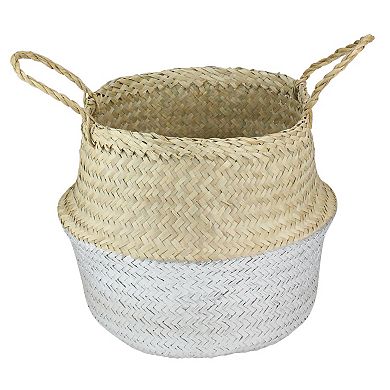 13" Beige and Silver Seagrass Belly Wicker Basket with Handles