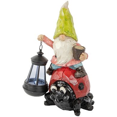 12.25" Solar LED Lighted Gnome and Ladybug Outdoor Garden Statue