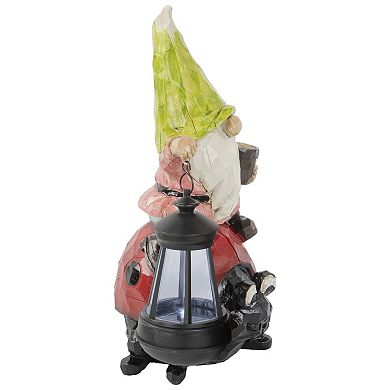12.25" Solar LED Lighted Gnome and Ladybug Outdoor Garden Statue